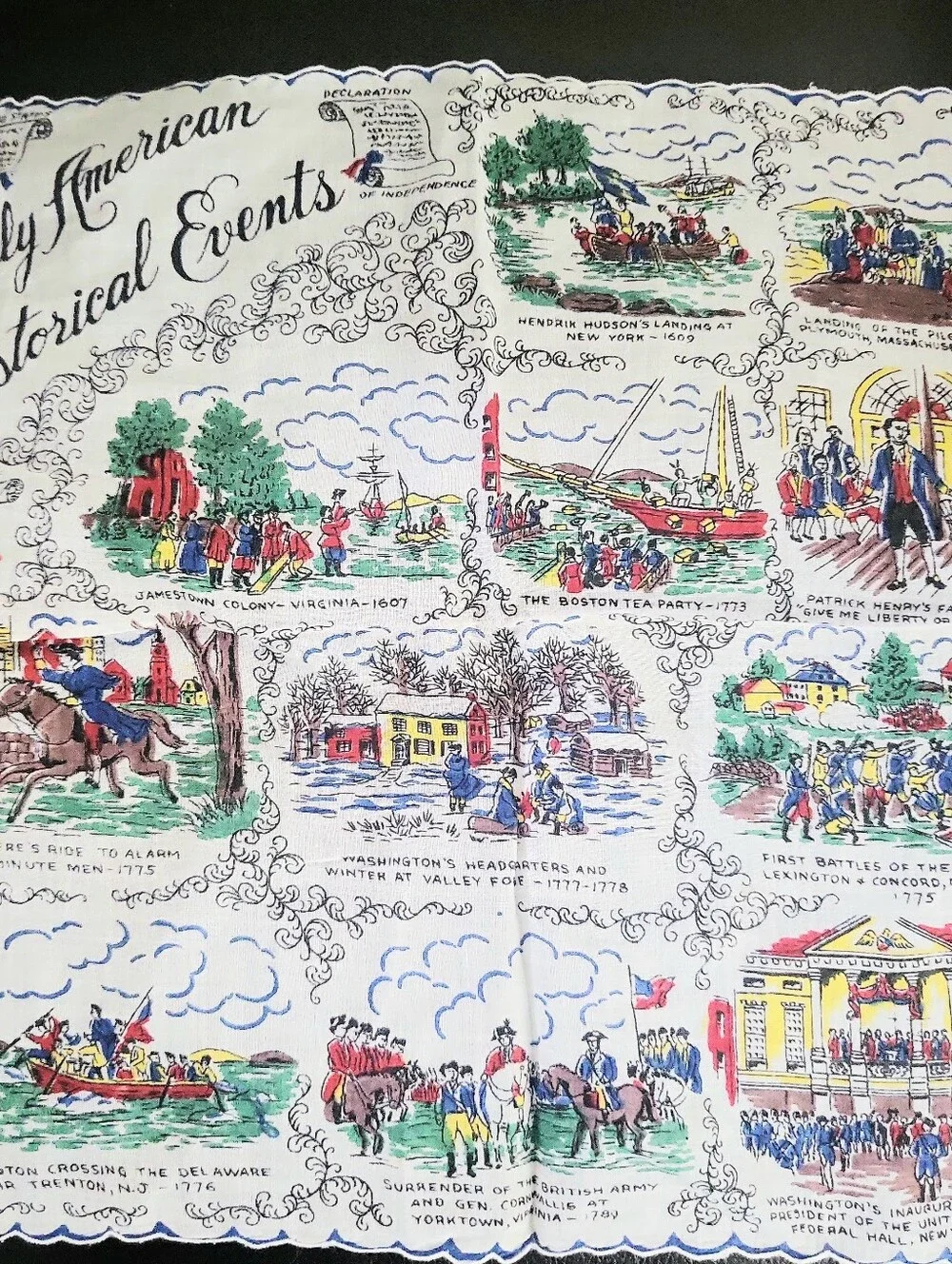 Vintage Early American Historical Events Souvenir Handkerchief